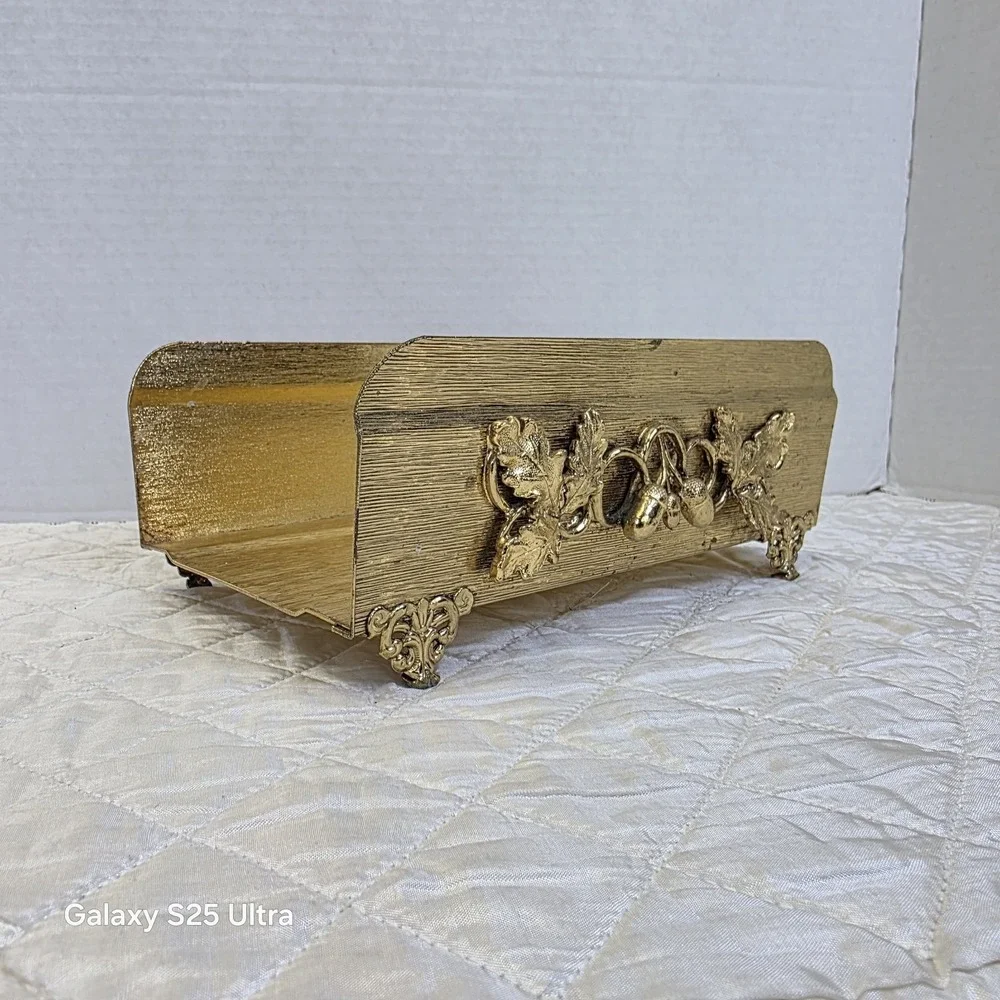 Vintage Hollywood Regency Gold Leaves Acorns Tissue Napkin Mail Holder Victorian